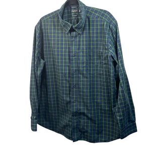 Nautica Mens Long Sleeve‎ Button Down Plaid Shirt Green Blue Casual